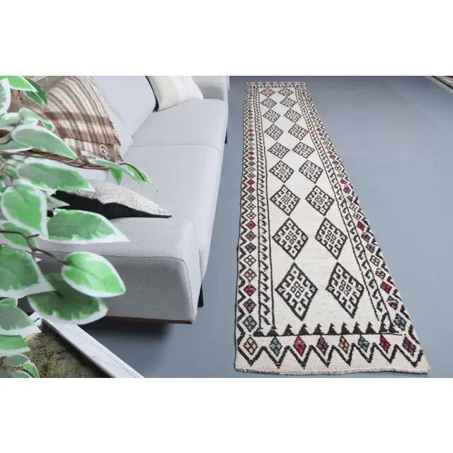 Vintage Turkish Hand-Knotted Wool Cotton White Runner 80x401