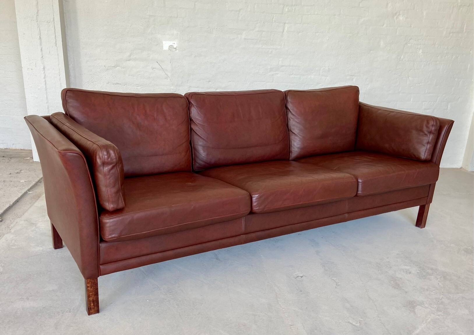 Mid century vintage danish mogens hansen 3 person sofa in burgundy leather