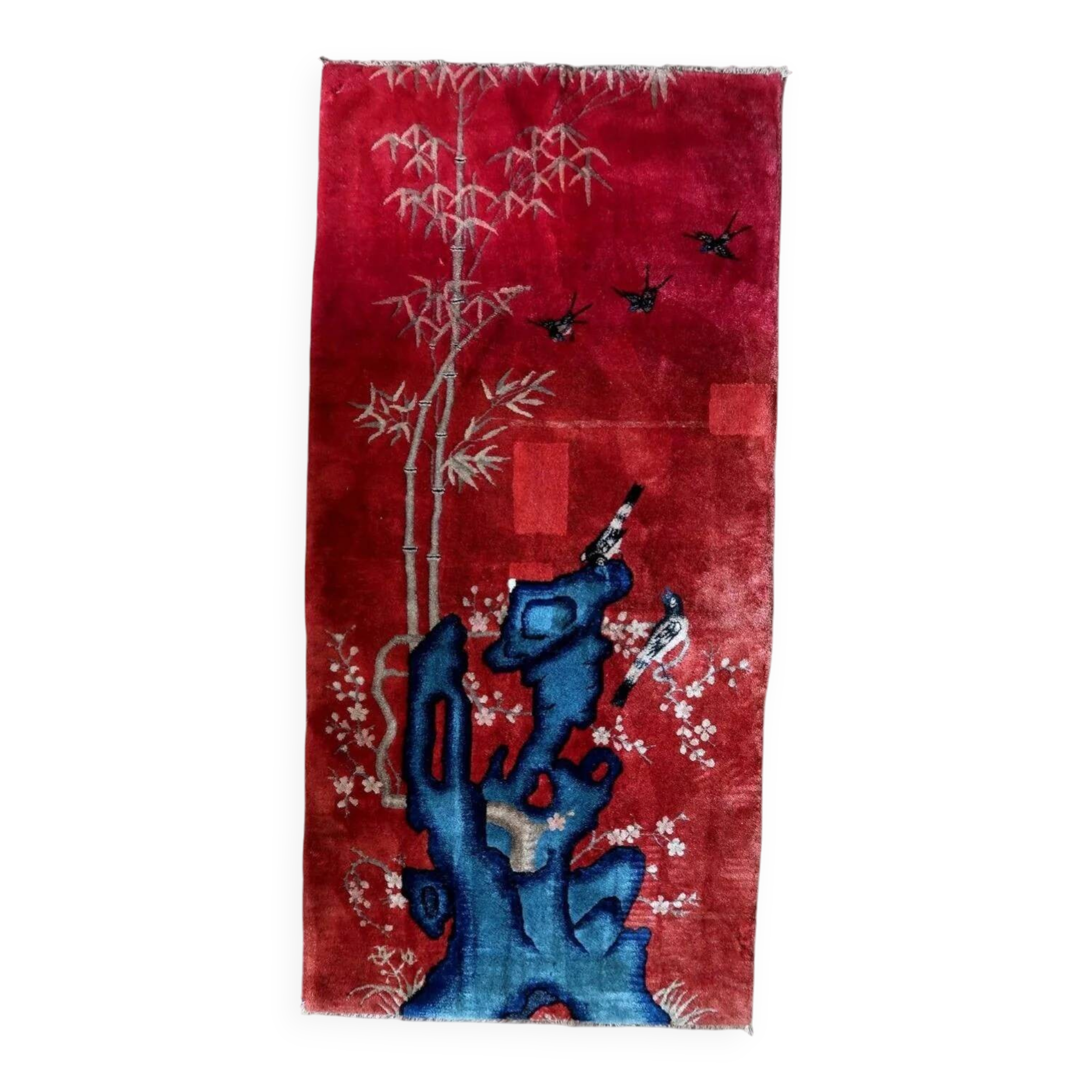 Antique 1920s Chinese Art Deco rug, Birds & Bamboo, 88cm x 184cm