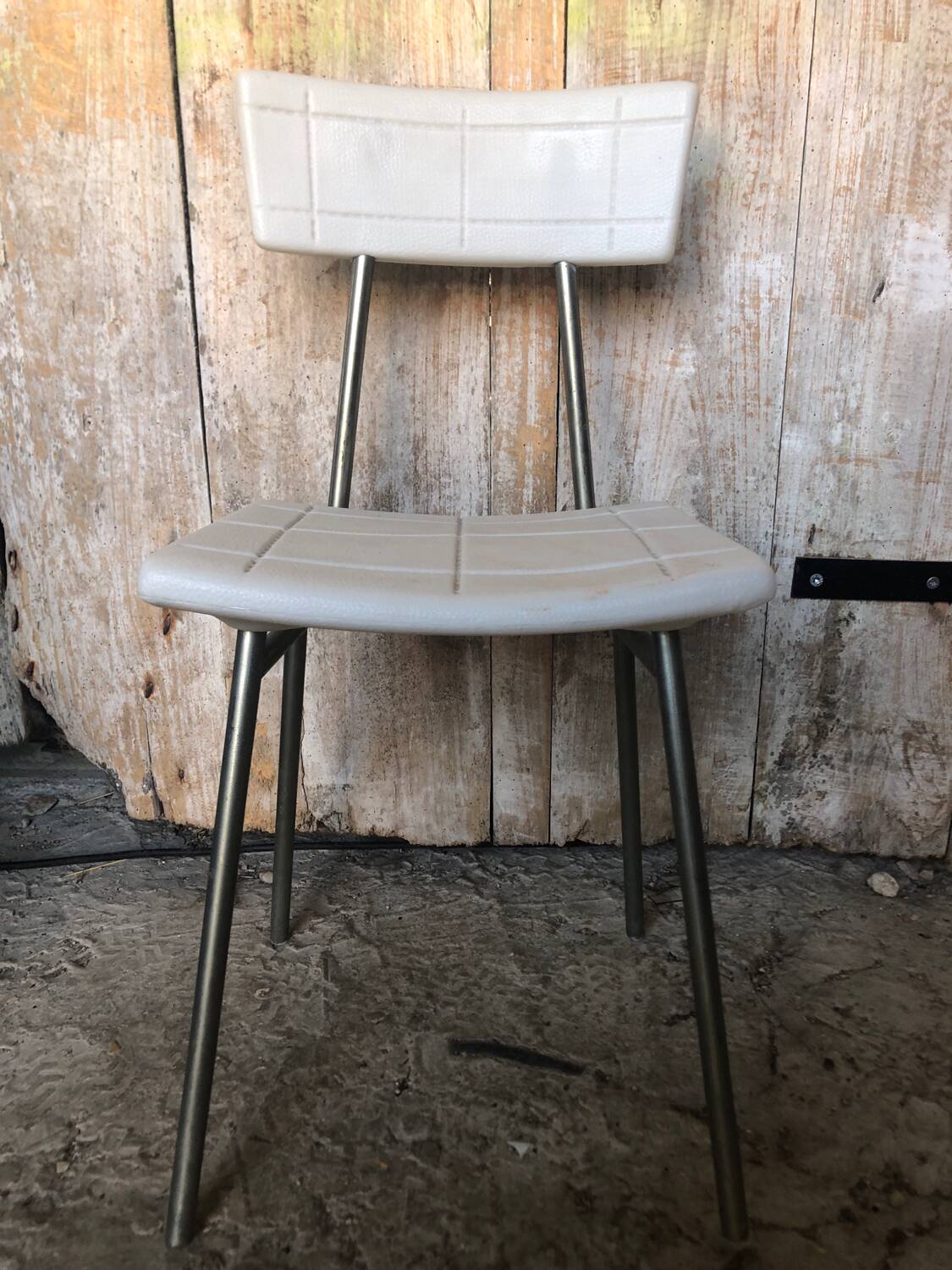 Gray metal children's chair + vintage white plastic seat & back
