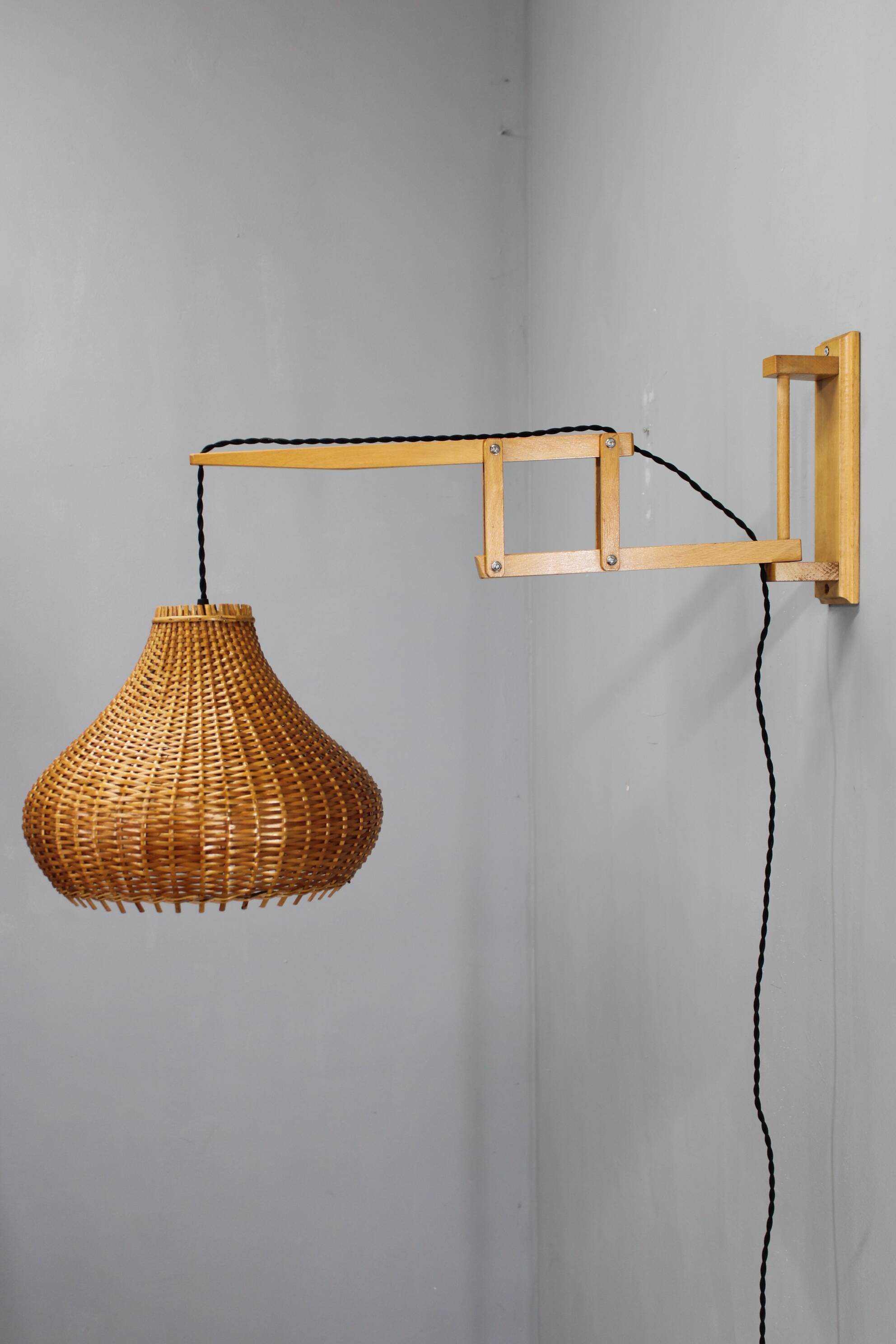 Mid-century adjustable wooden wall lamp with rattan shade, Lipta, 1970s
