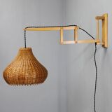 Mid-century adjustable wooden wall lamp with rattan shade, Lipta, 1970s
