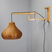 Mid-century adjustable wooden wall lamp with rattan shade, Lipta, 1970s