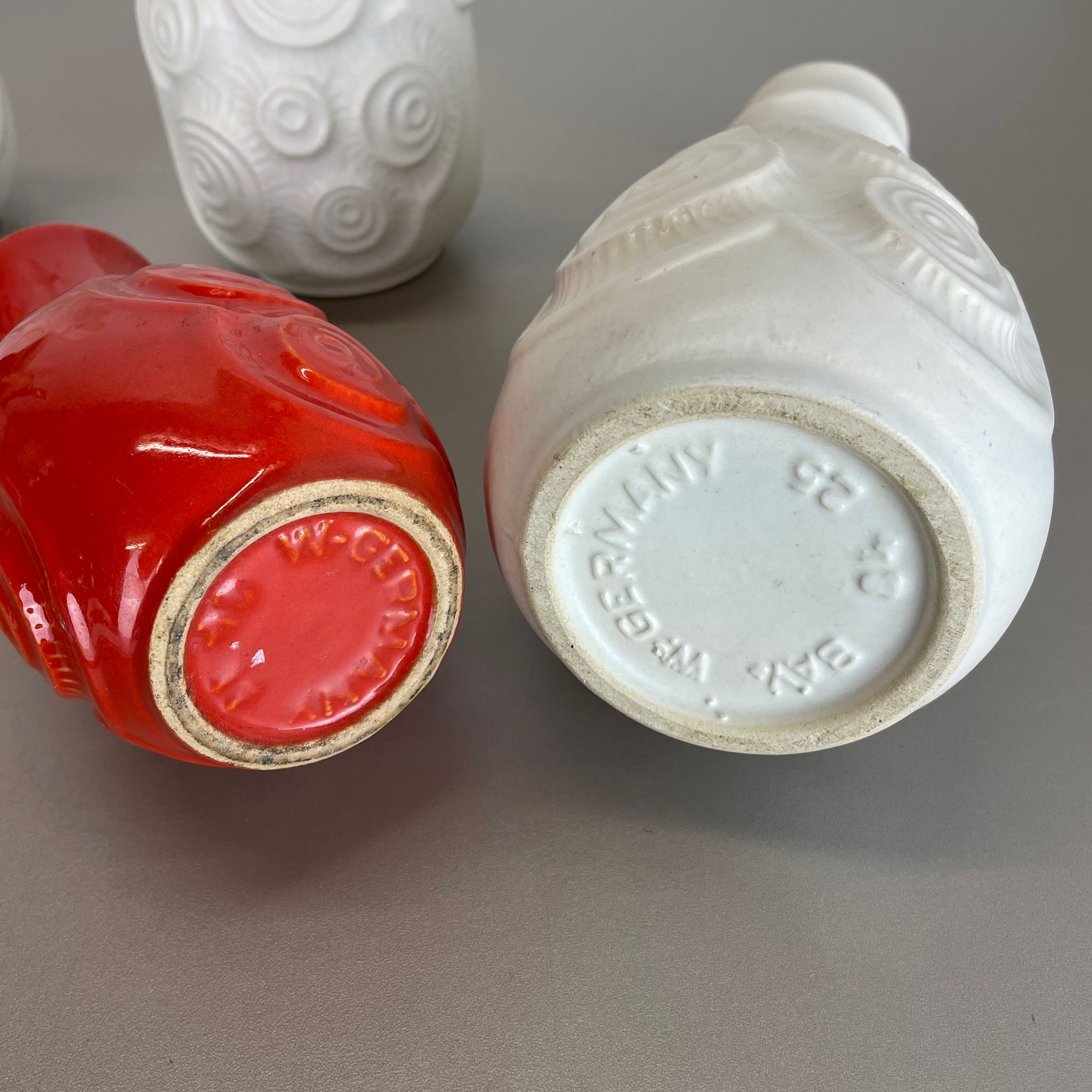 Set of 4 Red-White Fat Lava Op Art Pottery Vases by Bay Ceramics, Germany