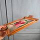 Vintage wooden and glass platter hand-painted – Stylised flower signed Janette