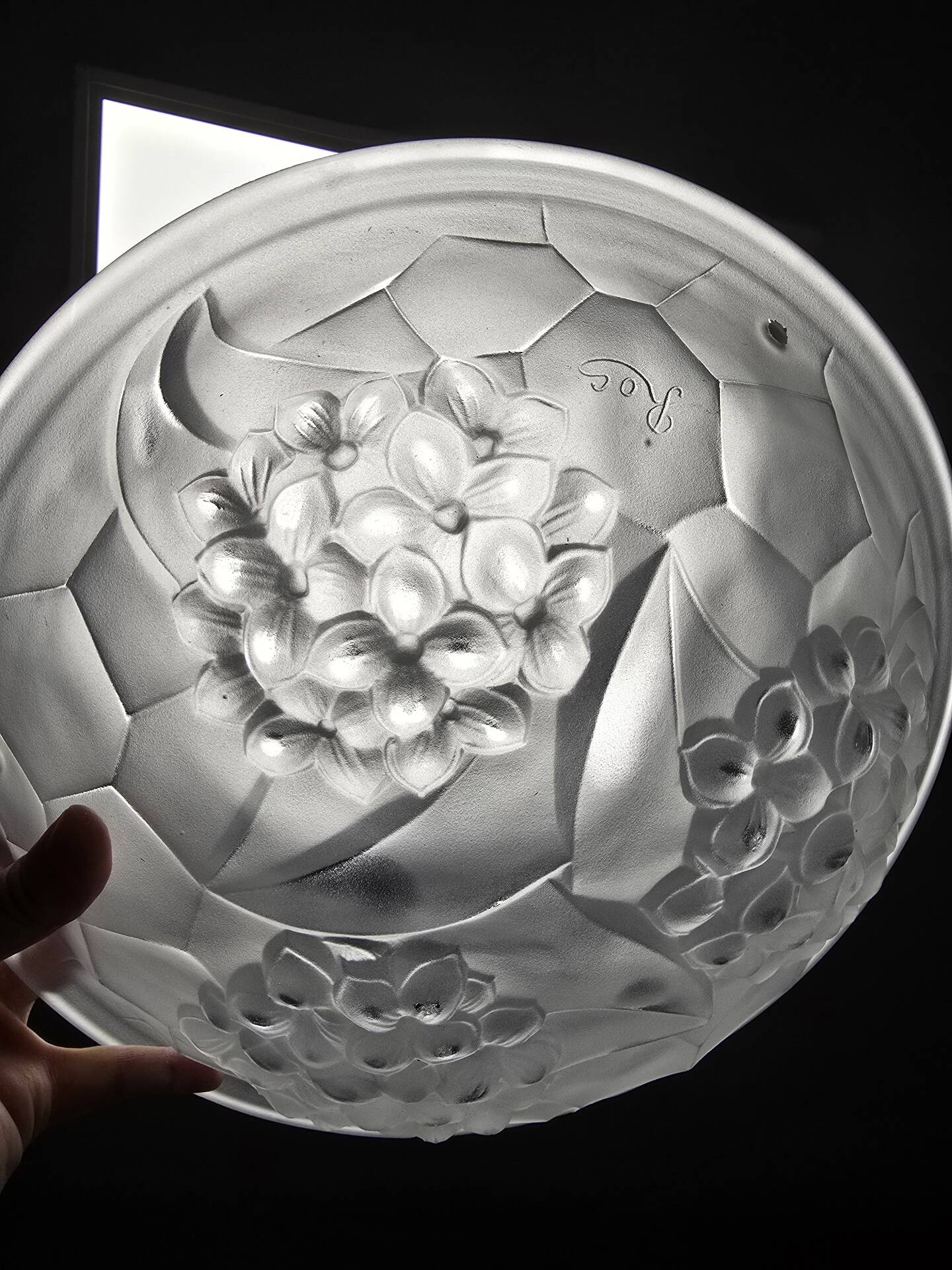 Frosted moulded glass chandelier bowl Art Deco signed Roc