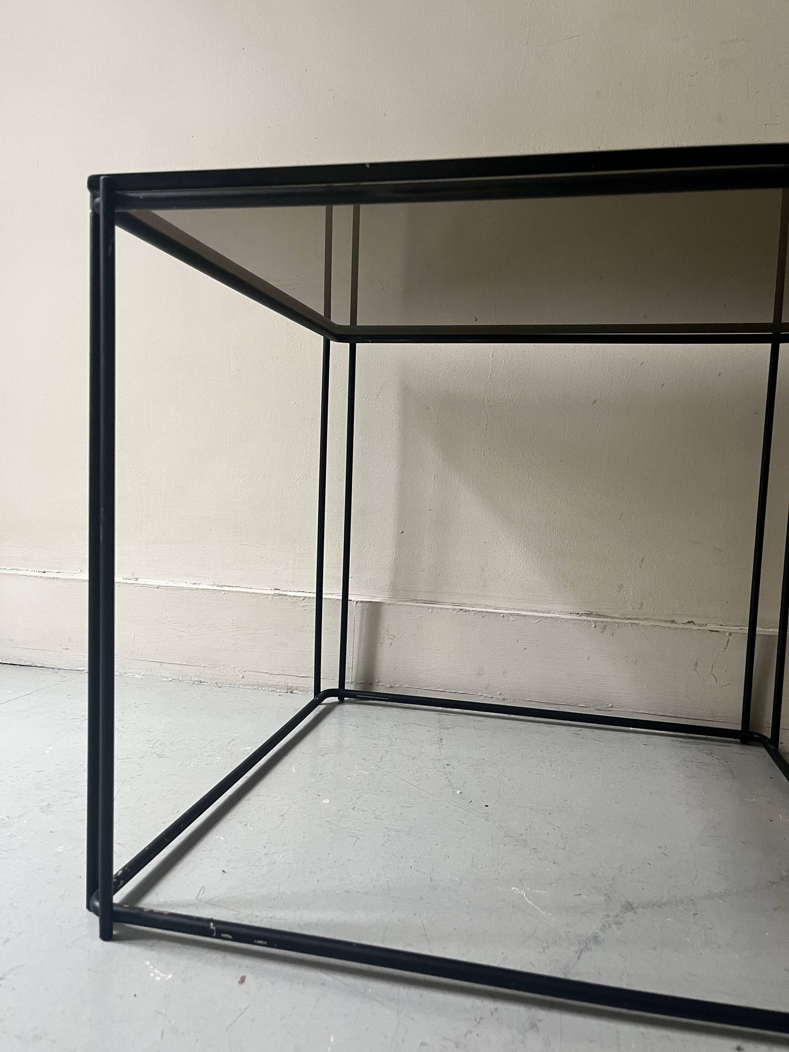 Black metal and smoked glass wire coffee table, 1970s design