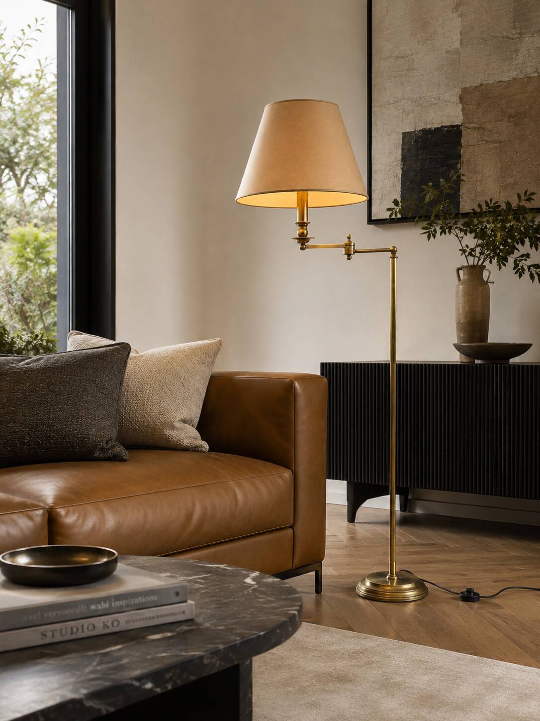 Reading lamp, floor lamp, adjustable arm lamp.