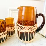 set of carafe and 6 cups in amber glass with wicker from the 70s