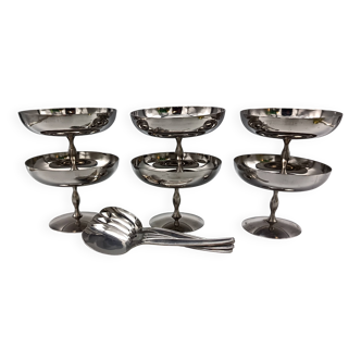 6 coupes à glace et cuillères en acier inoxydable, français, bol inox