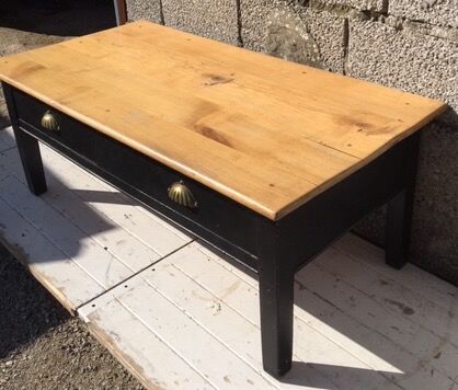 Black patinated cherry bass table and matte varnished raw wood top
