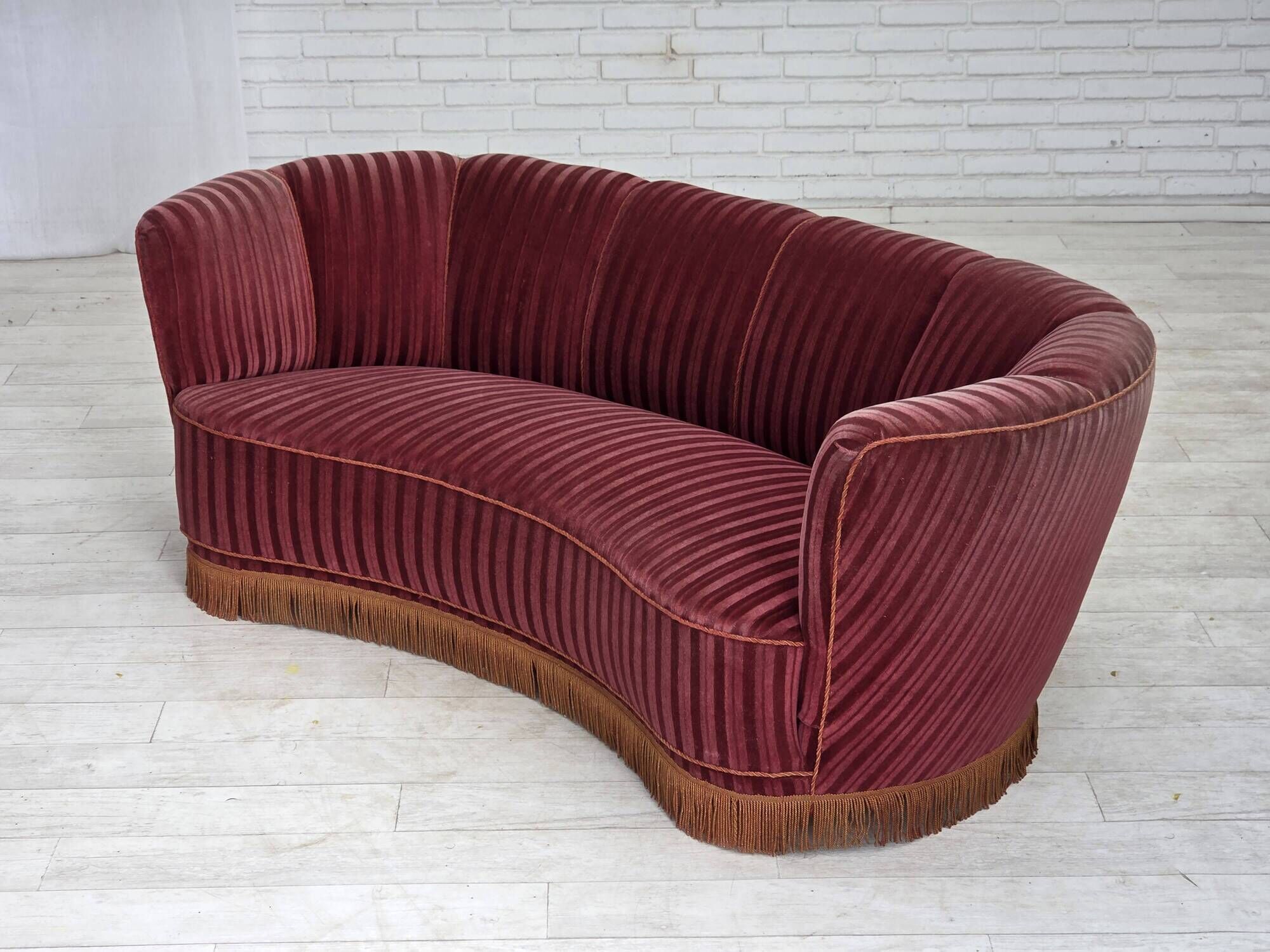1960s, Danish 2-seater "Banan" sofa, furniture velour, oak wood.