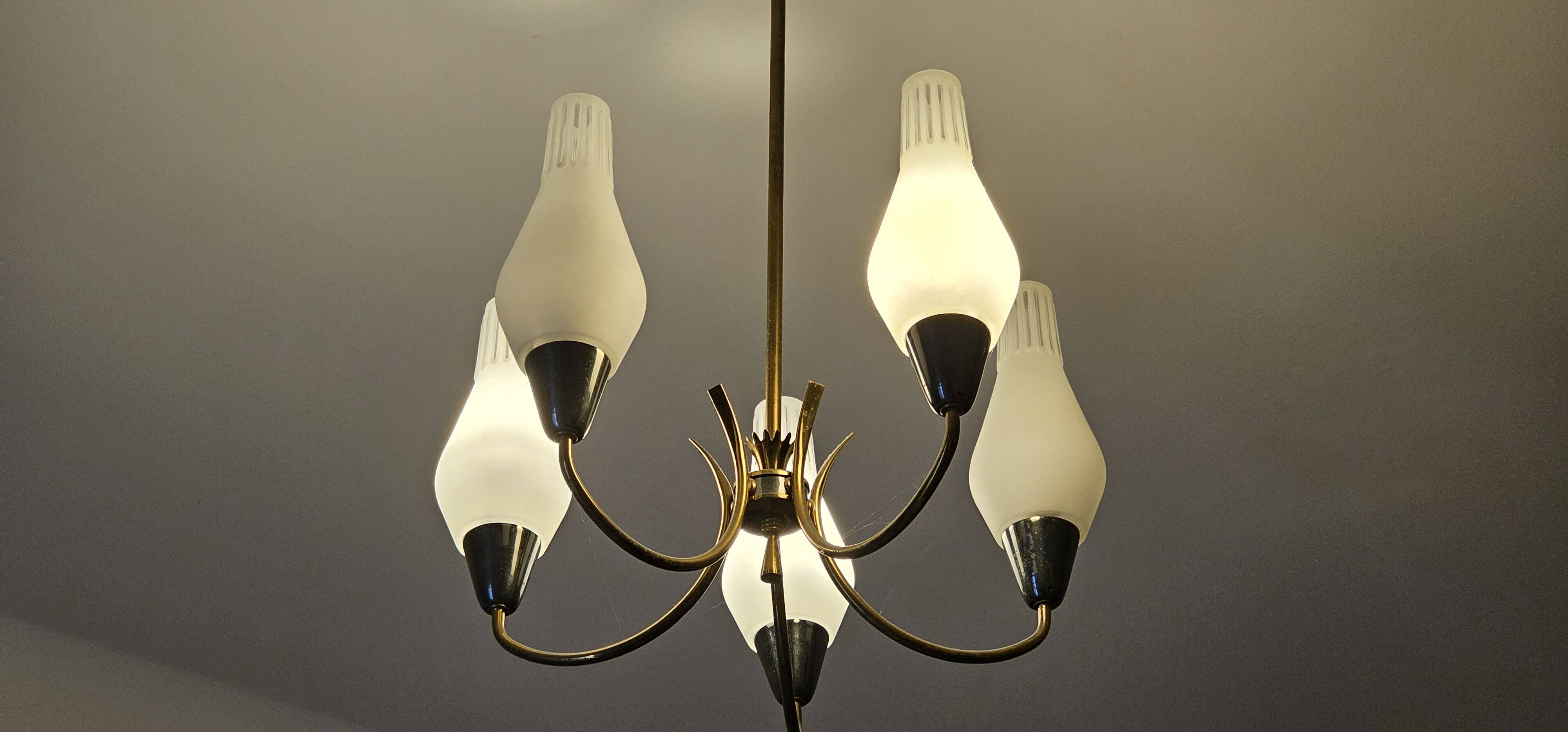 Swedish designer, chandelier, brass, glass, Sweden, 1950s