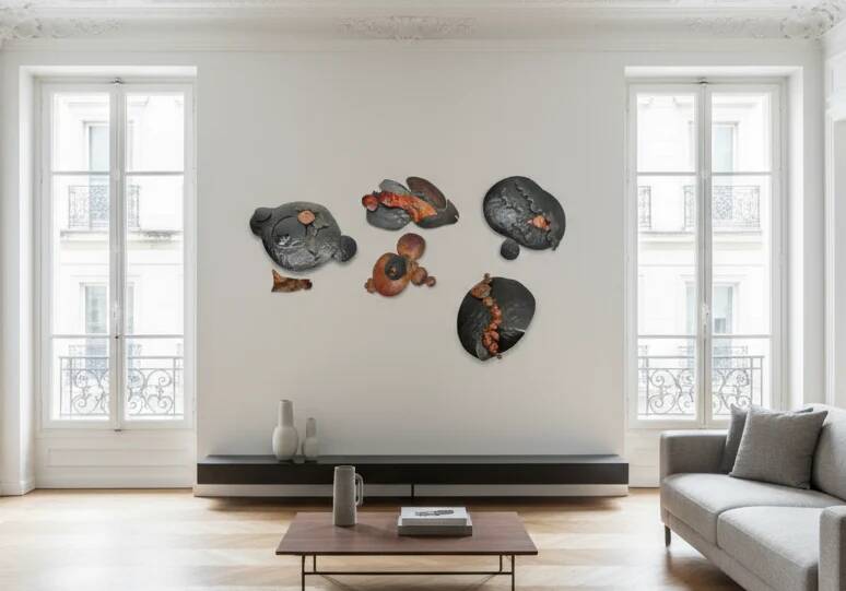 Set of brutalist wall sculptures signed B + D, circa 1965–1975.