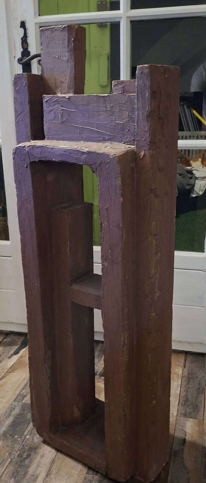 Superb postmodern brutalist sculpture in wood, metal, and material.