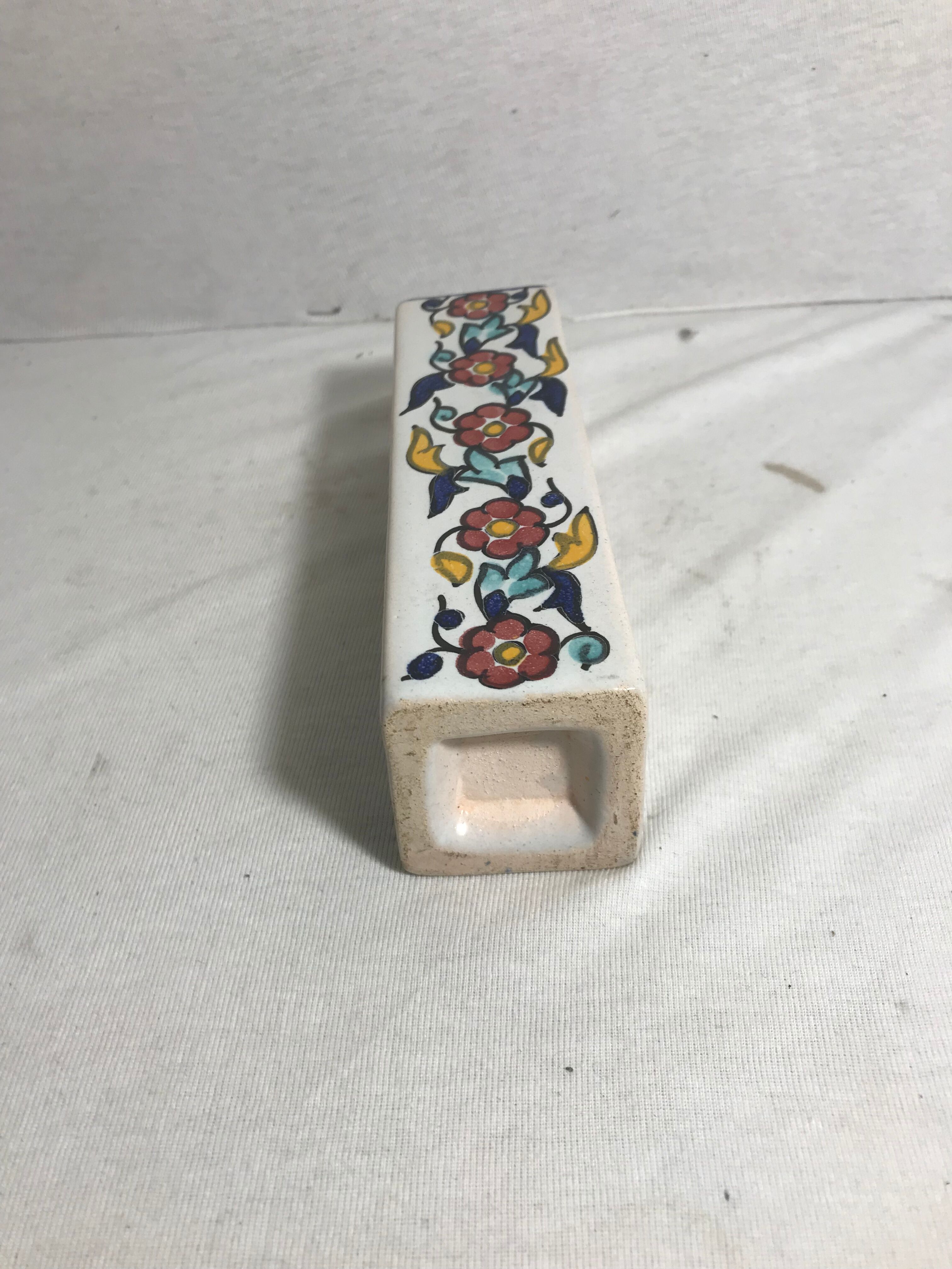 Square old glazed ceramic vase design flowers vintage