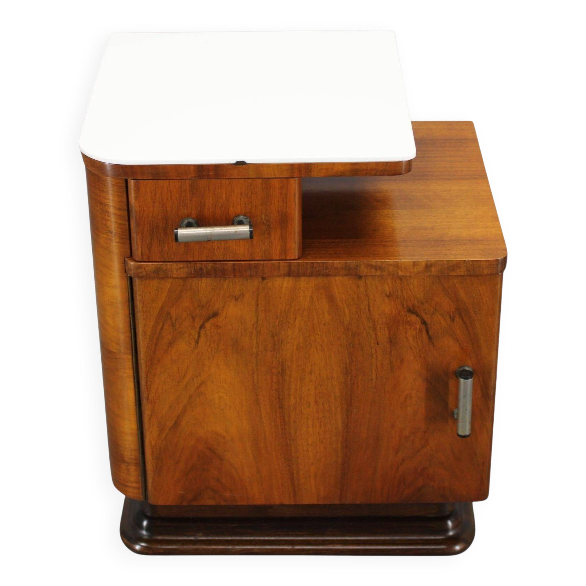 1940s night stand in walnut finish with glass top, Czechoslovakia