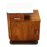 1940s night stand in walnut finish with glass top, Czechoslovakia