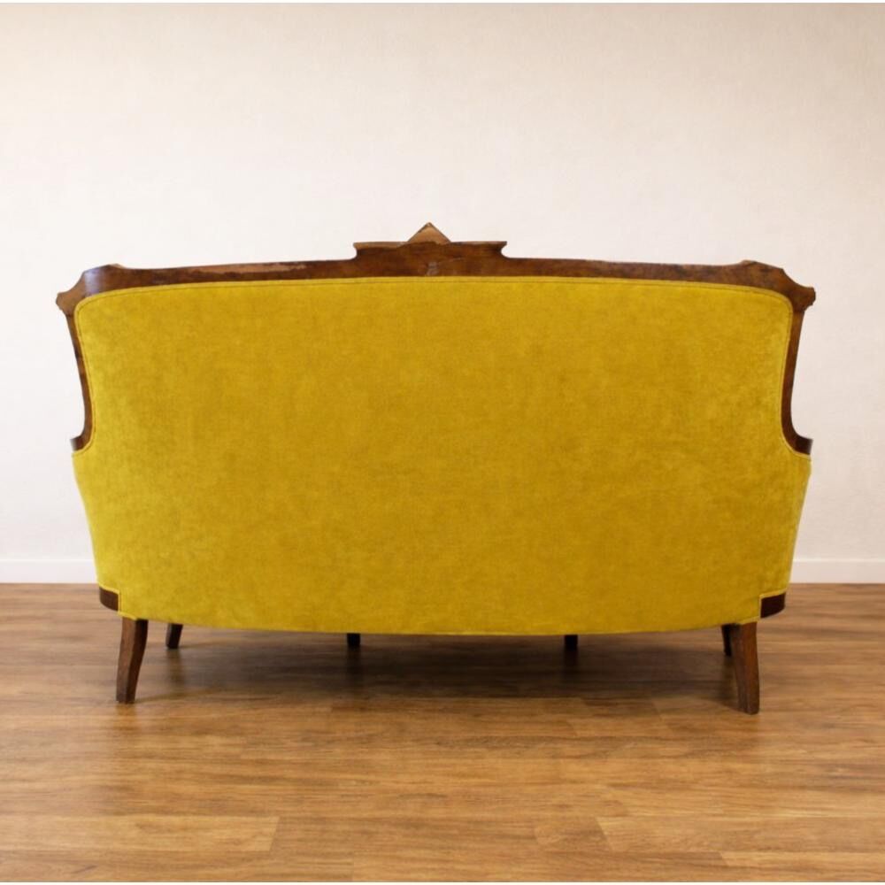 Art Nouveau walnut and mustard velvet sofa