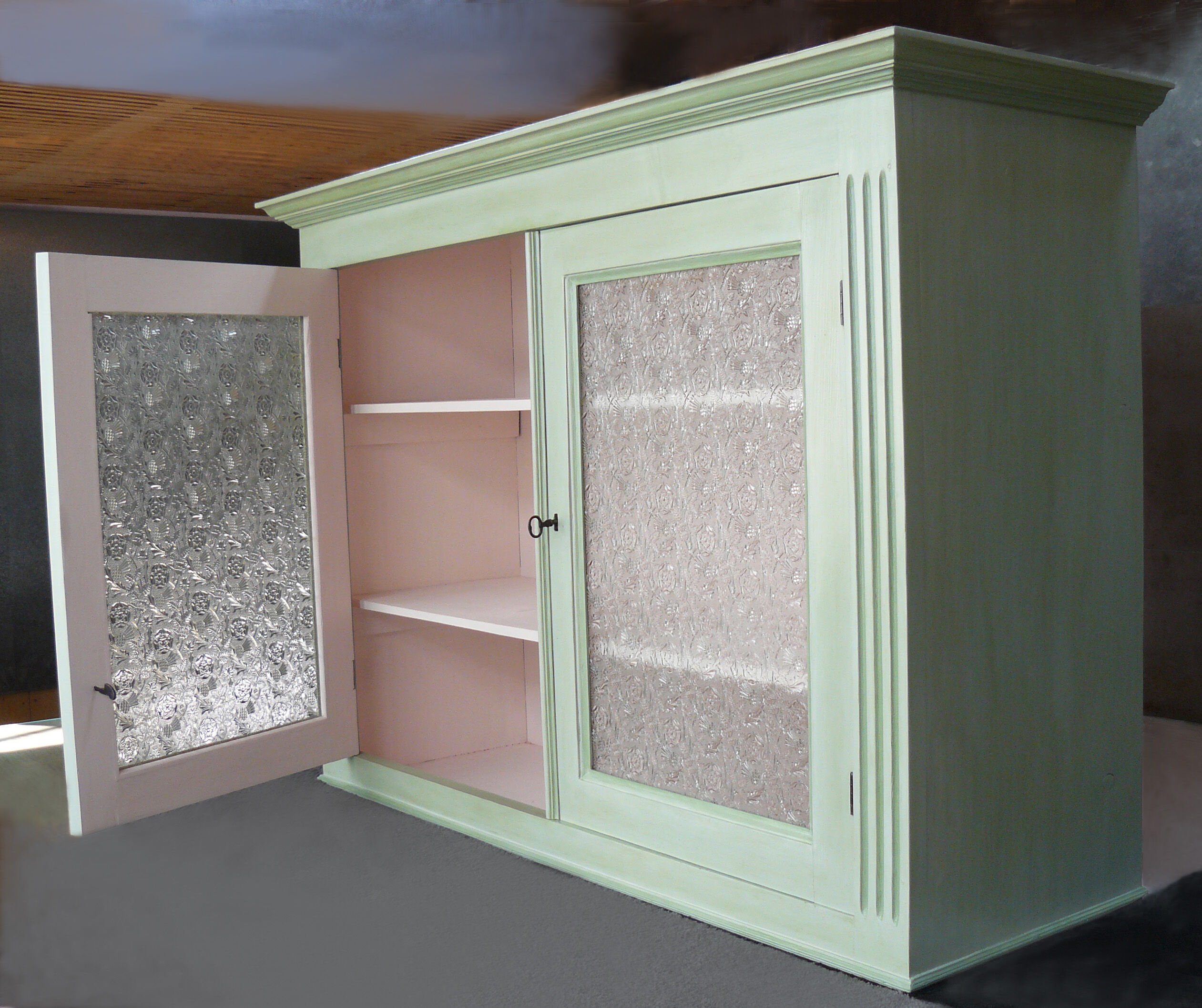 High wooden buffet painted two glass doors
