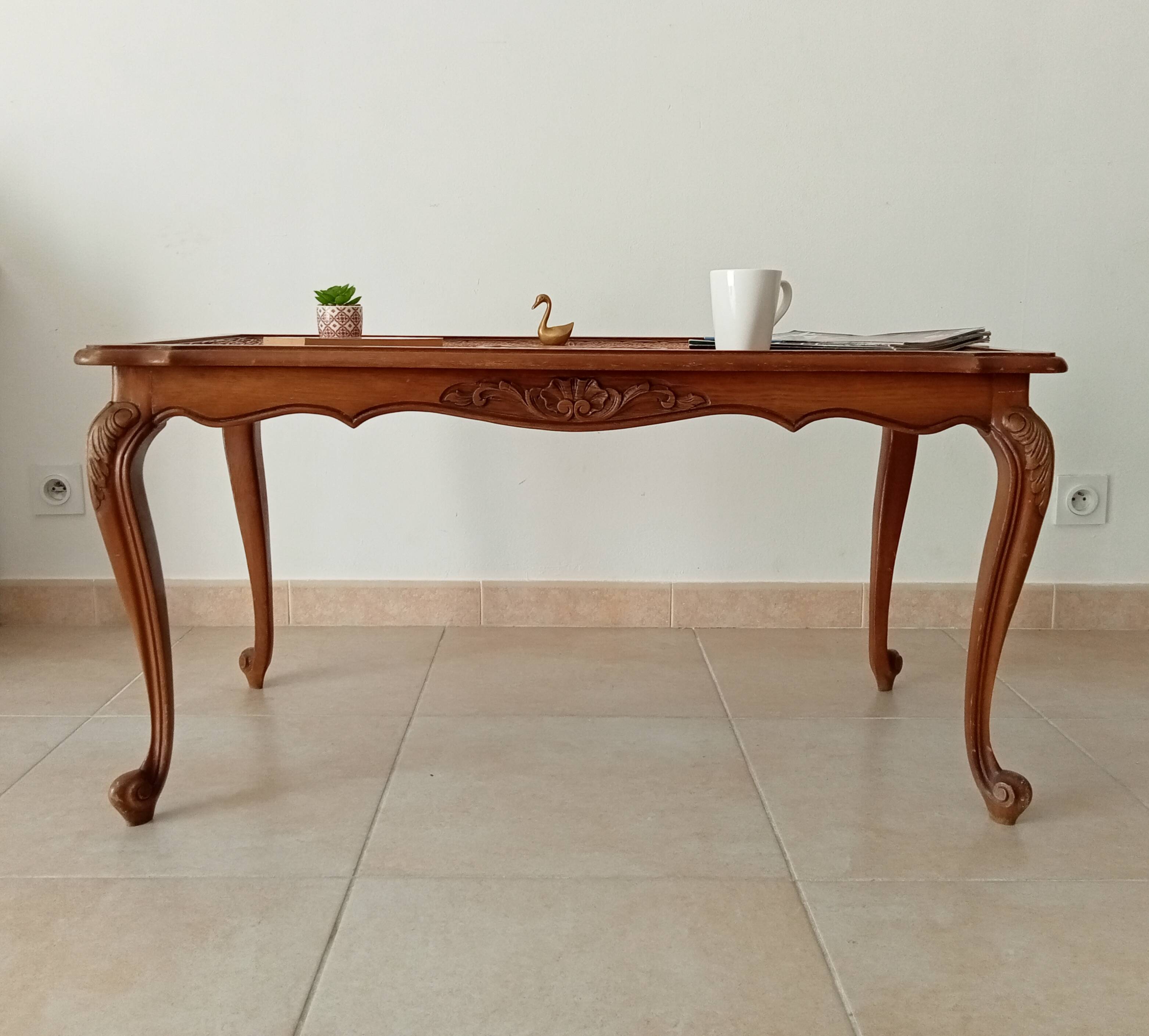 Vintage Chippendale coffee table in Louis XV style beech and rattan