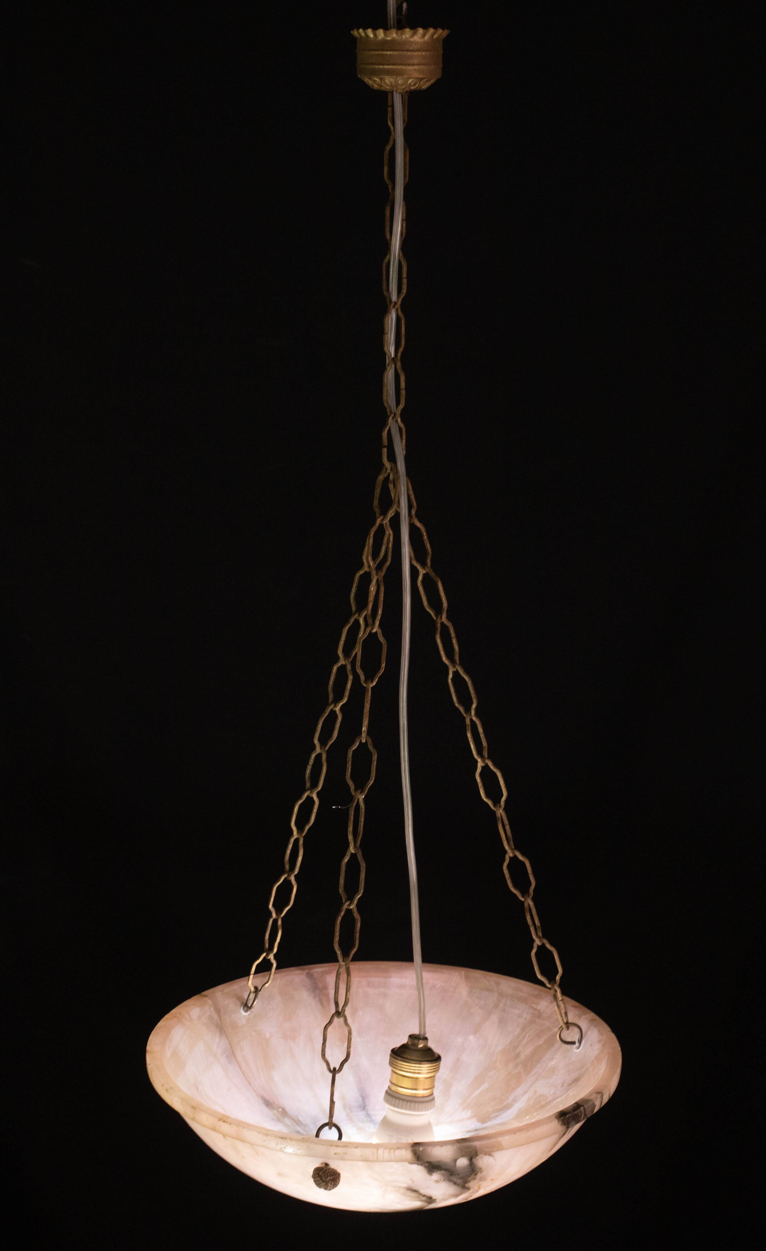 Art Decò Albaster white and pink chandelier, 1950s