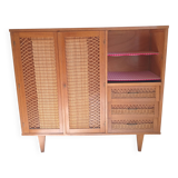 Armoire secrétaire vintage en osier et chêne clair – Années 6