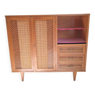Armoire secrétaire vintage en osier et chêne clair – Années 6