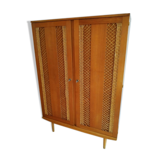 Armoire chêne et rotin tressé 60's