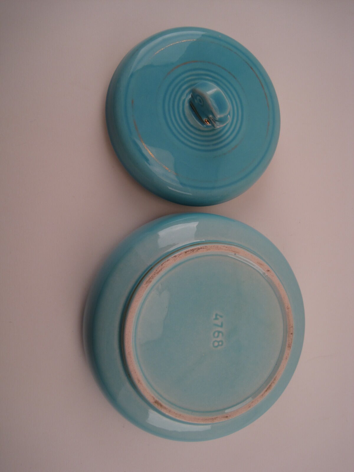 Turquoise blue earthenware candy box decorating stylized frieze fish Art Deco