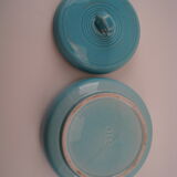 Turquoise blue earthenware candy box decorating stylized frieze fish Art Deco