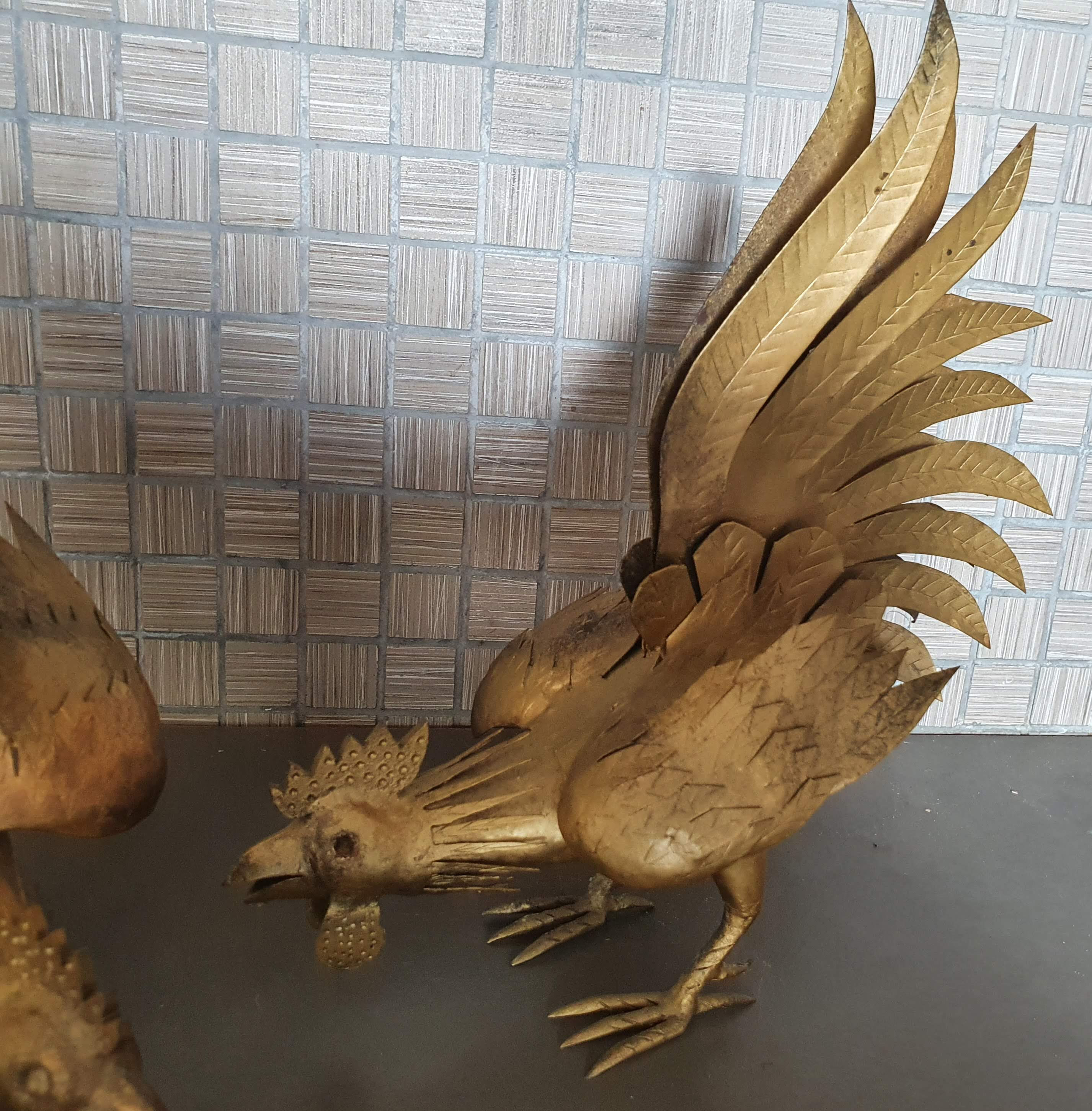 Duo of gold metal roosters 1950