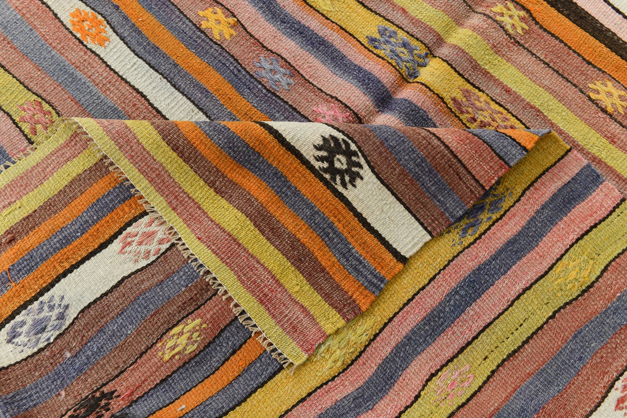 Kilim Vintage Anatolien Rayé – Tons Pastel Multicolores, Style Bohème