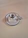 white enamelled metal candle holder with blue edges