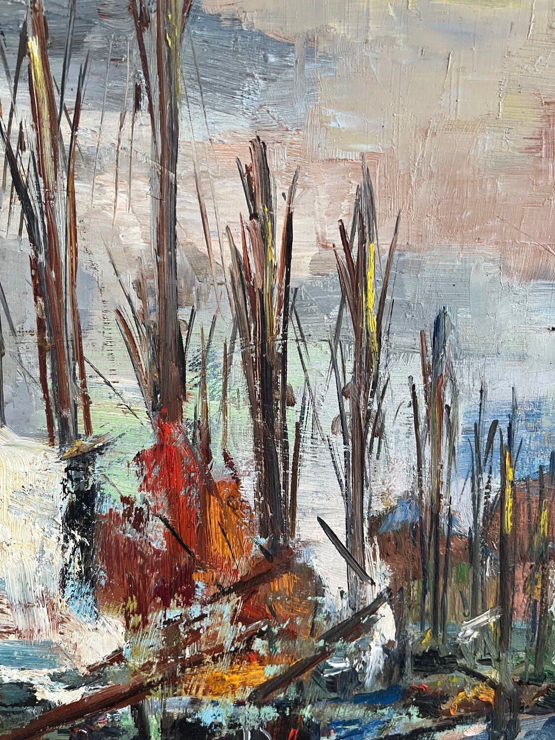 Sailboats in the harbour, oil on wood panel