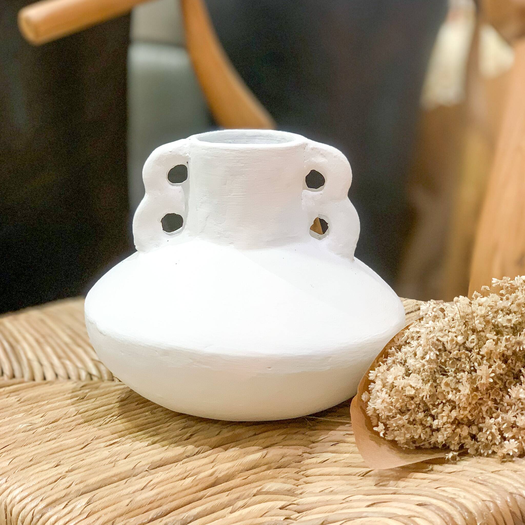 Terracotta vase with white handles