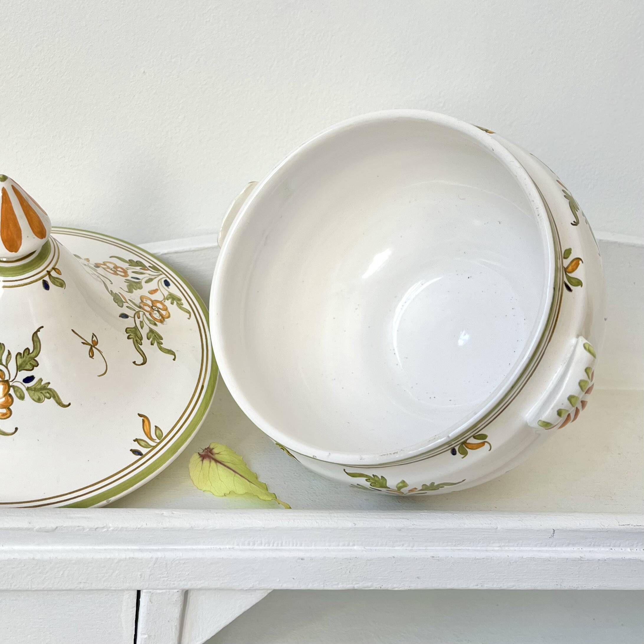 Covered candy jar signed M Malicorne, Moustiers decor