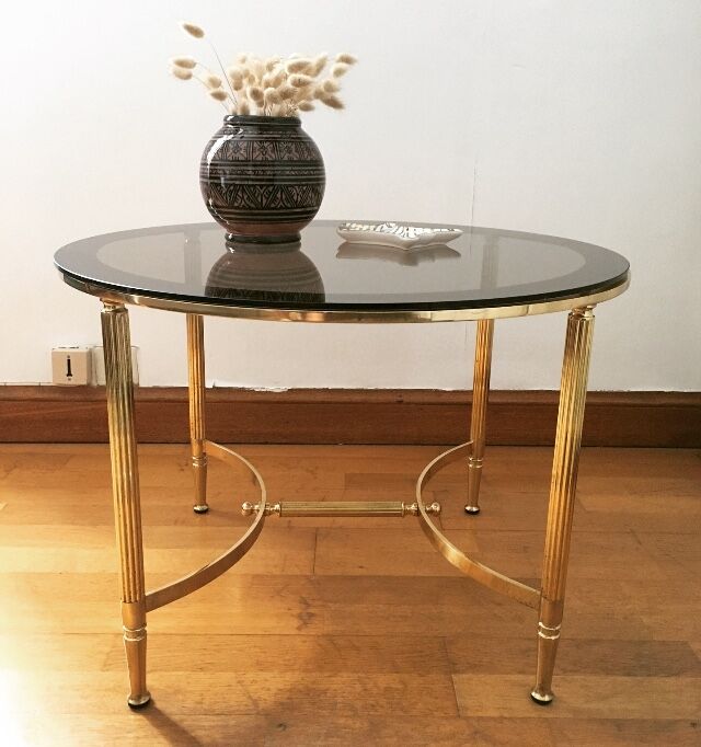Brass round coffee table and smoked glass