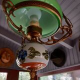 Old green opaline chandelier, gold metal and earthenware
