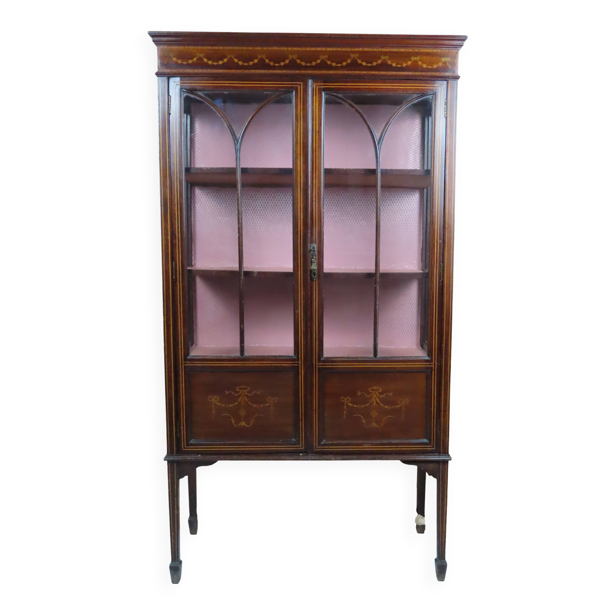 Antique English display cabinet. Marquetry with floral patterns and ribbons.