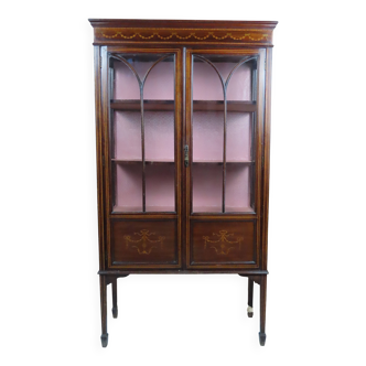 Antique English display cabinet. Marquetry with floral patterns and ribbons.