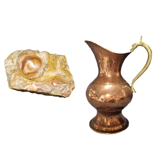 Lot copper pitcher and marble ashtray