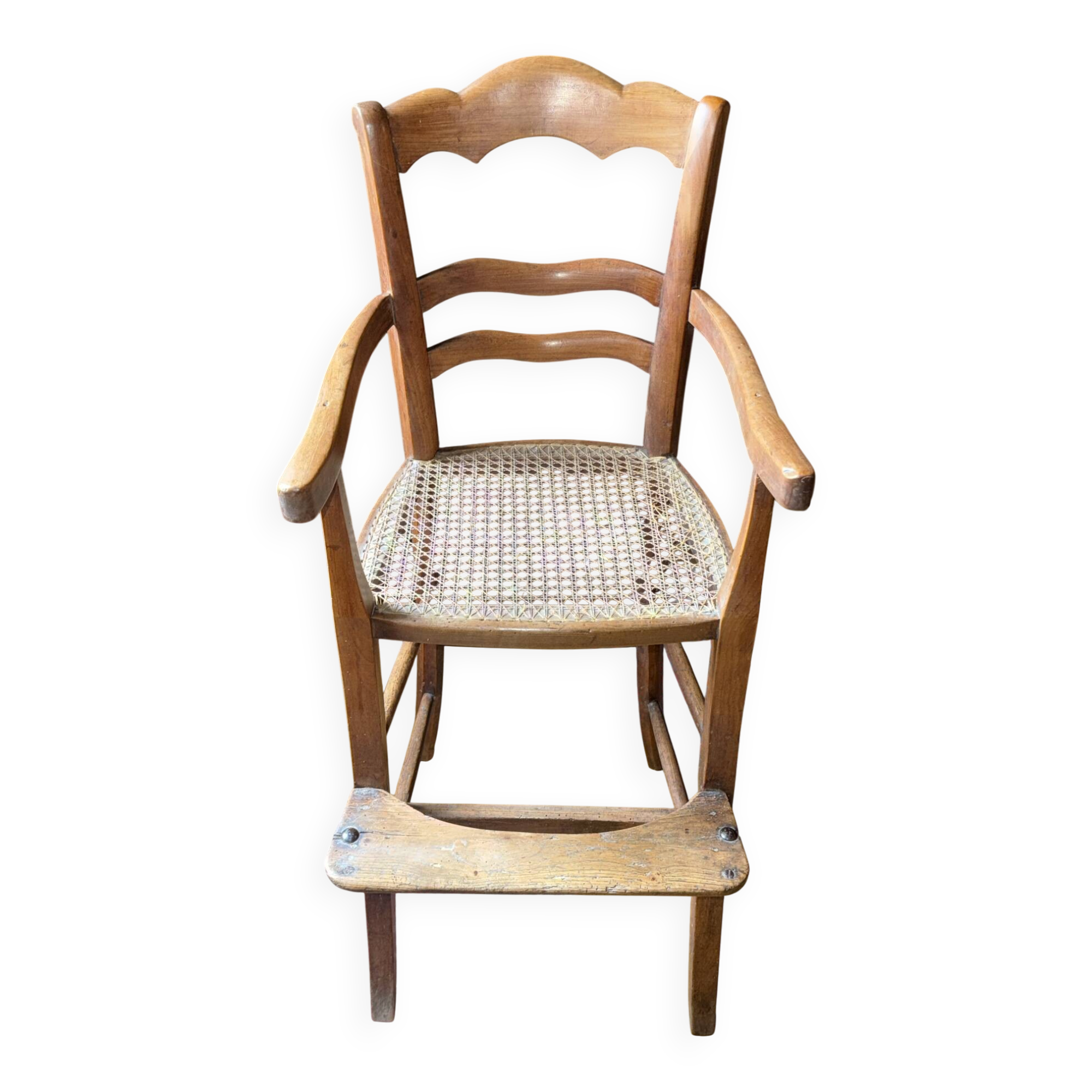 Old wooden children's chair – caned seat – rustic furniture