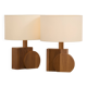 Pair of geometric handcrafted lamps in solid oak circa 1970.