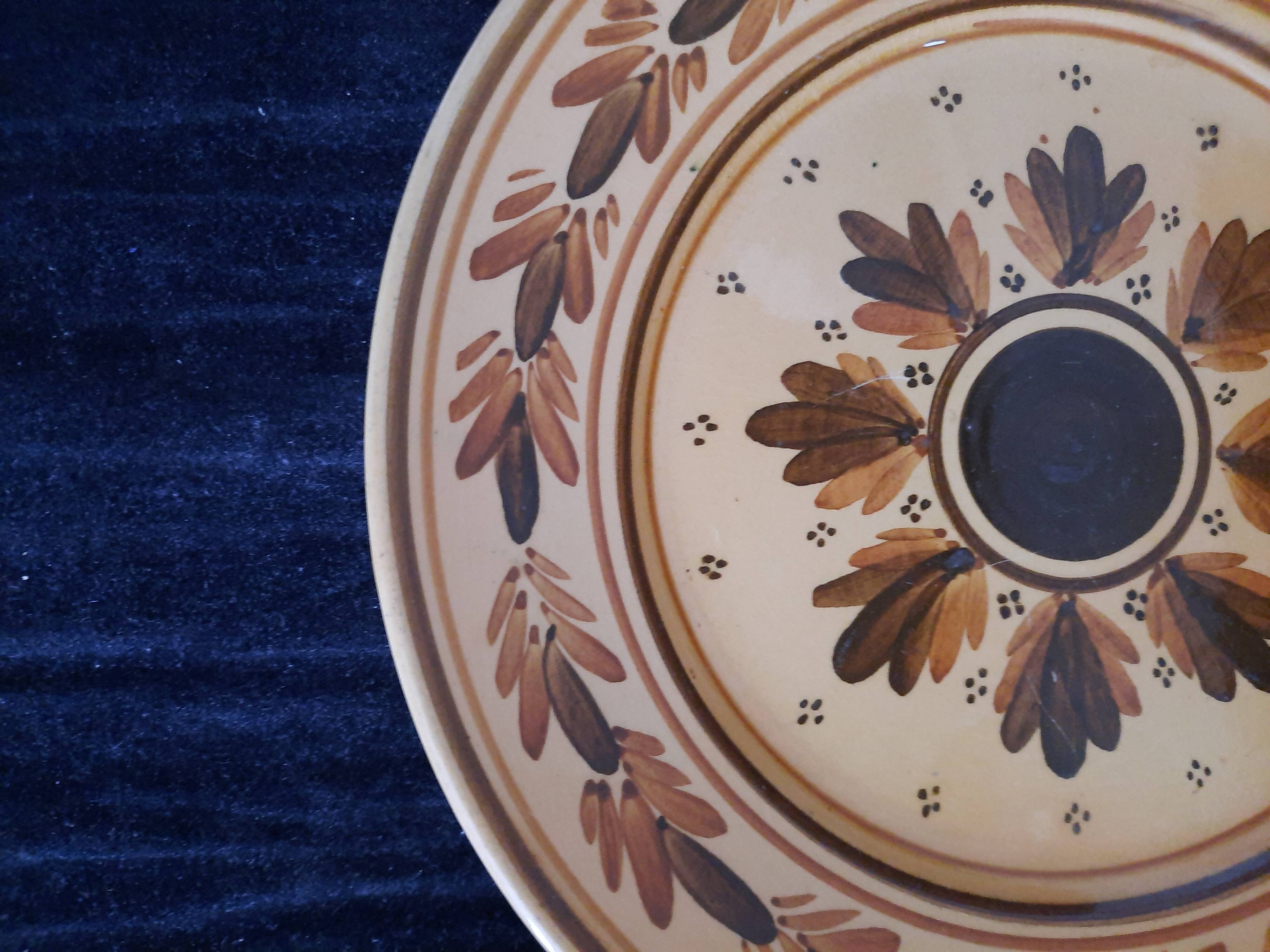 Old HB Quimper Plate Ceramic Geometric Floral Design Brown Yellow