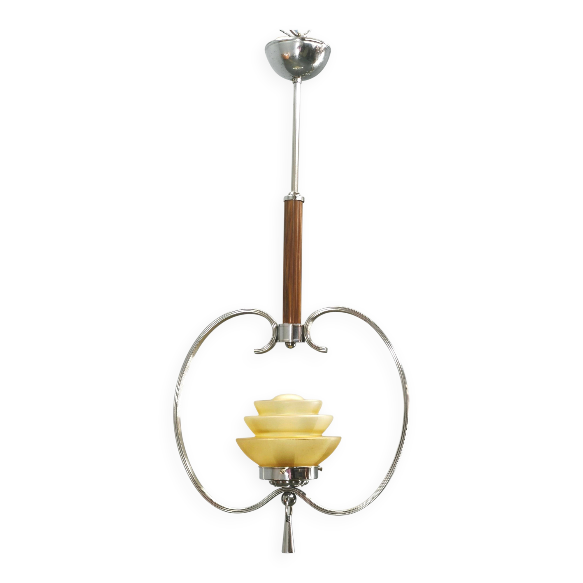 1930s Czech Art Deco Chrome and Frosted Glass Chandelier