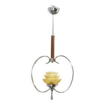 Chandelier Art Déco en chrome et verre dépoli des années 1930 en République tchèque