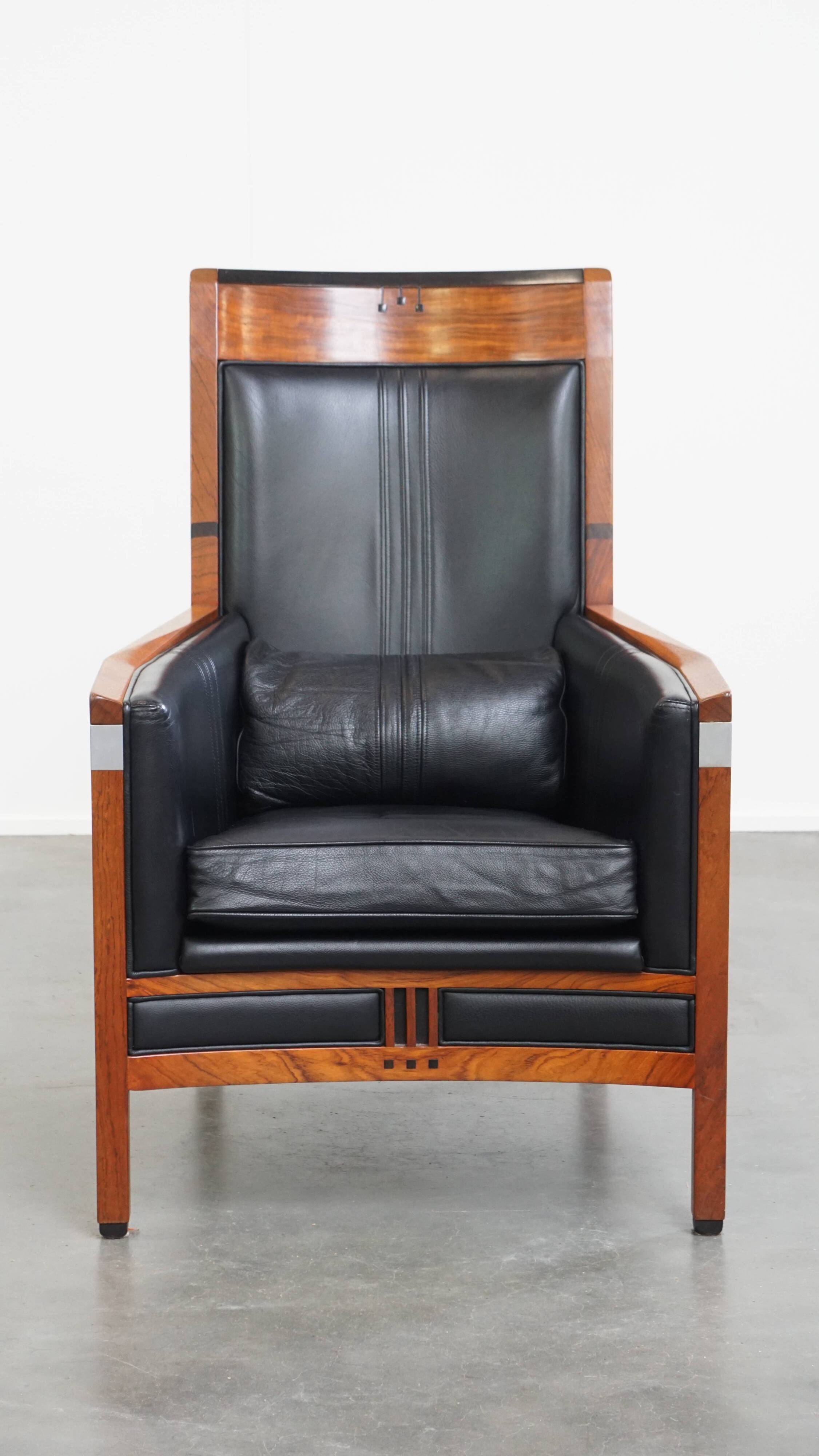 Black Cowhide Leather and Wooden Art Deco Armchair