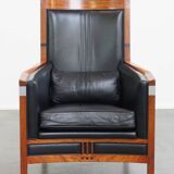 Black Cowhide Leather and Wooden Art Deco Armchair