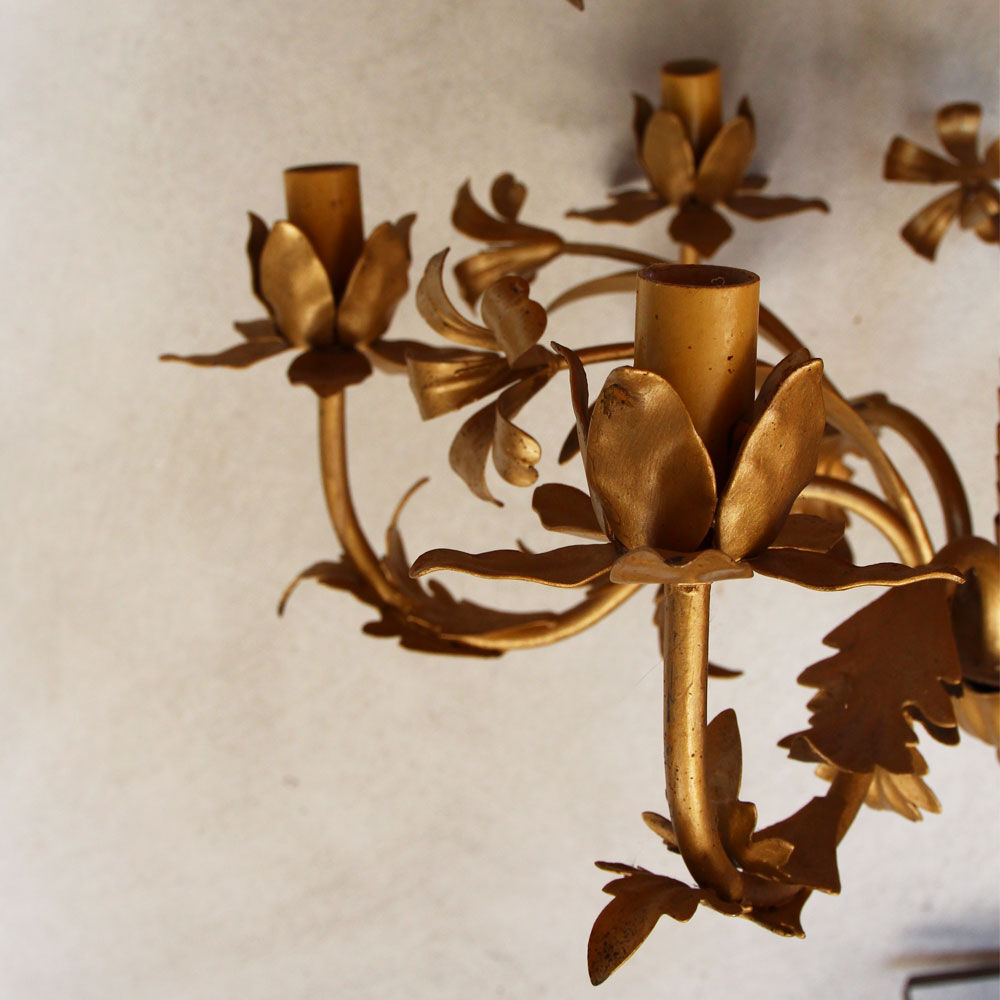 Palm and flower chandelier, matte gold metal